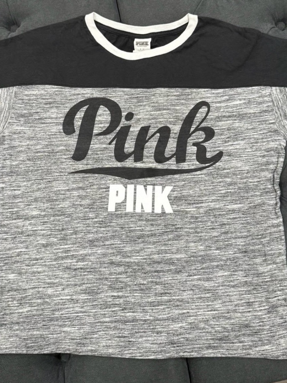 PINK Victoria's Secret Black & Gray Logo Short Sleeve Tee with White Trim